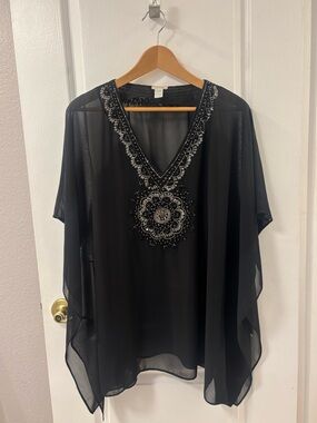 Chicos Sheer Mesh Tunic Kaftan Coverup Beaded Medallion Lagenlook Boho Resort